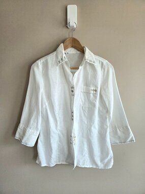 White Linen Shirt Blouse with Buttons and Black Stitching Details